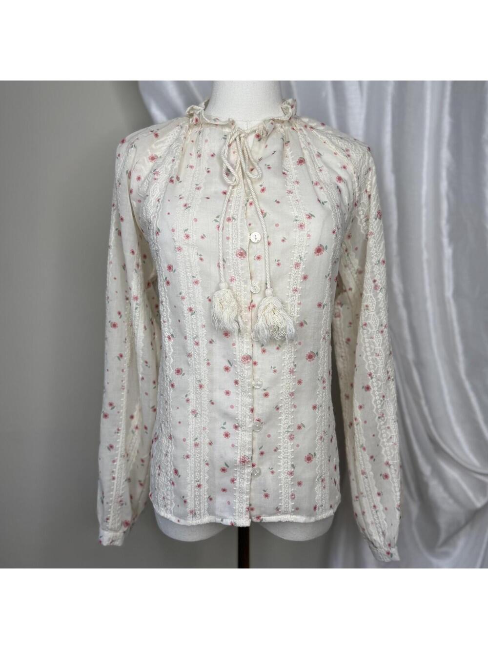 Ditsy Floral Peasant Blouse Embroidered Cream & Pink Cottagecore Prairie Top